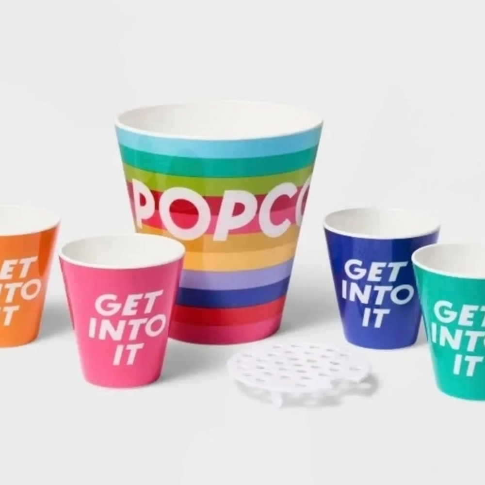 Popcorn Bowl & Cups Set By TABITHA BROWN Pink, Orange, Green, Blue